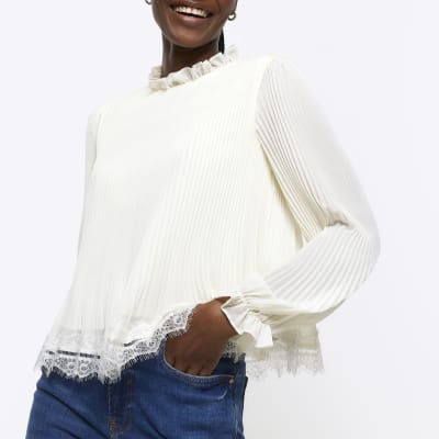 Cream lace trim long sleeve top River Island