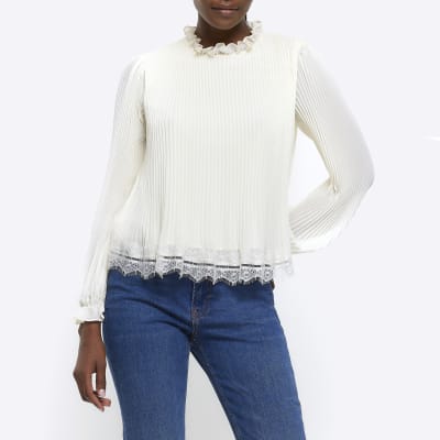 Cream lace trim long sleeve top River Island