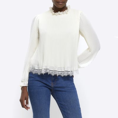 Cream lace trim long sleeve top | River Island