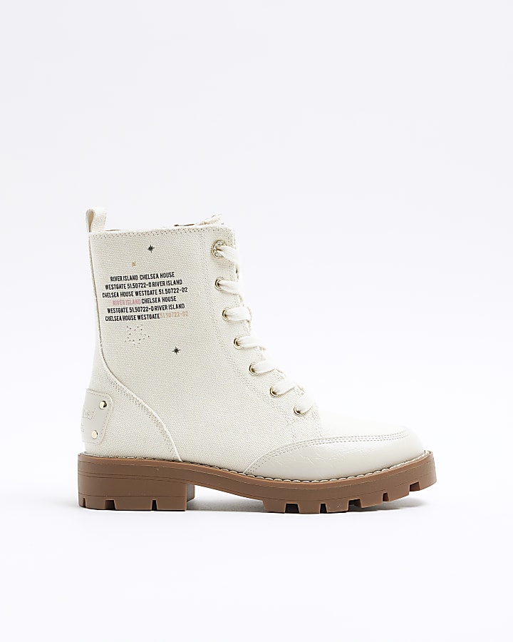 Cream lace up canvas boots | River Island