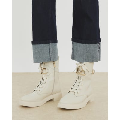 Cream Lace Up Chunky Boots