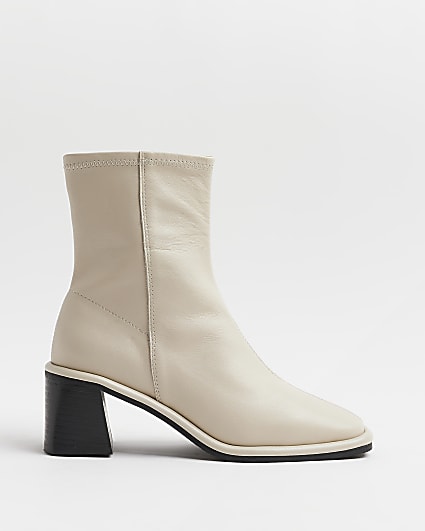 Cream leather block heeled ankle boots