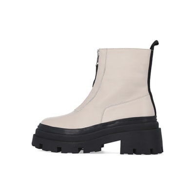 Cream leather chunky ankle boots | River Island