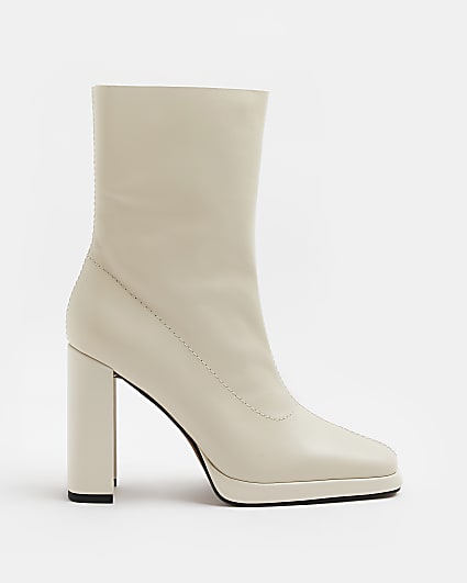 Cream leather heeled ankle boots