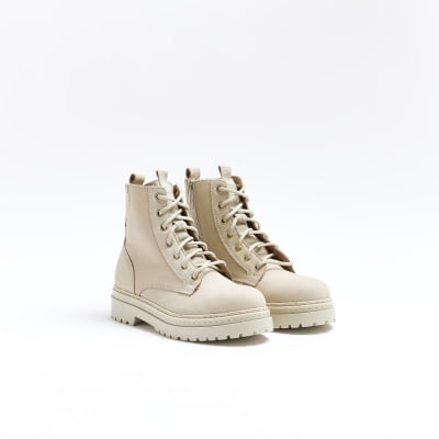 Cream leather lace up boots River Island