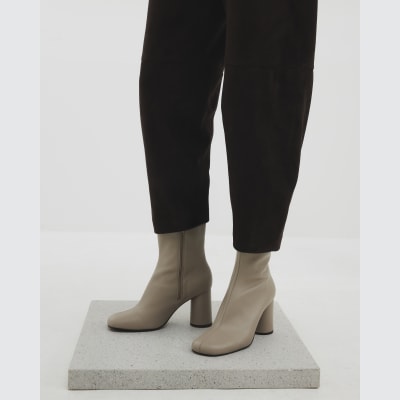 Cream Leather Round Toe Sock Boots