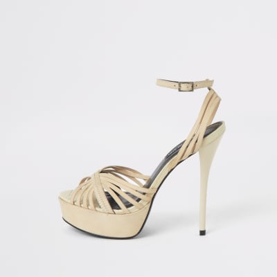 Cream leather strappy platform heel sandal | River Island