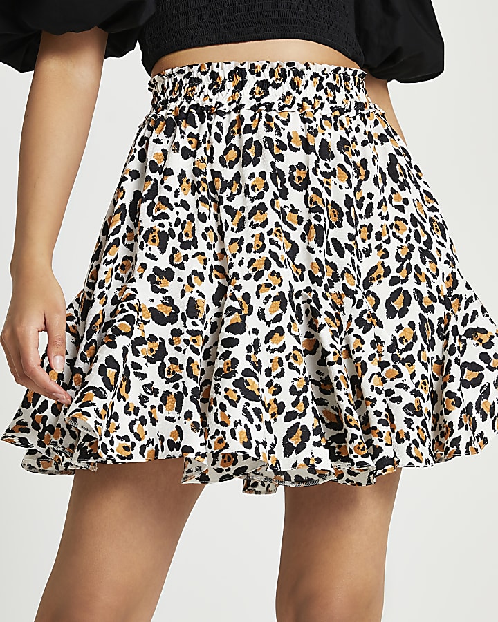 Cream leopard mini flounce skirt