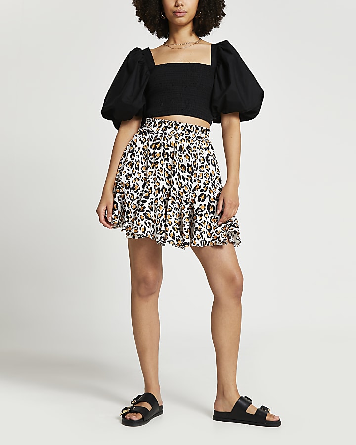 Cream leopard mini flounce skirt