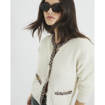 Cream Leopard Trim Cardigan | River Island