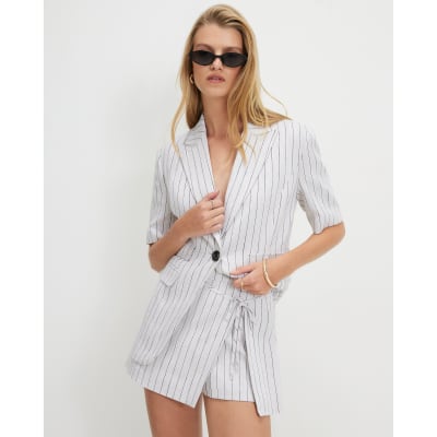 Cream Linen Blend Stripe Tie Detail Skort