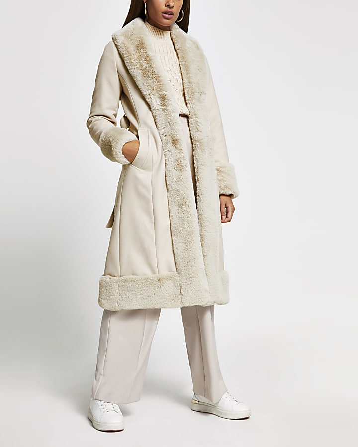 Cream long line faux fur hem robe coat