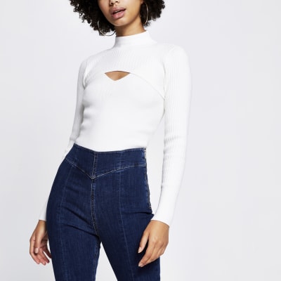 Cream long sleeve 2 in 1 fitted knit set River Island