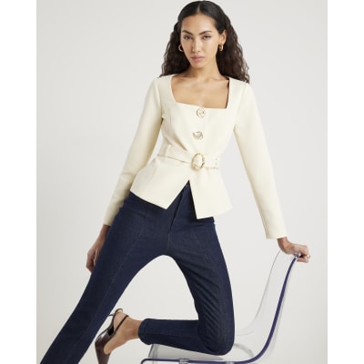 Cream Long Sleeve Belted Mixed Button Blazer