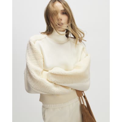 Cream Long Sleeve Borg Detail Sweatshirt