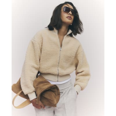 Cream Long Sleeve Borg Zip Up Sweatshirt