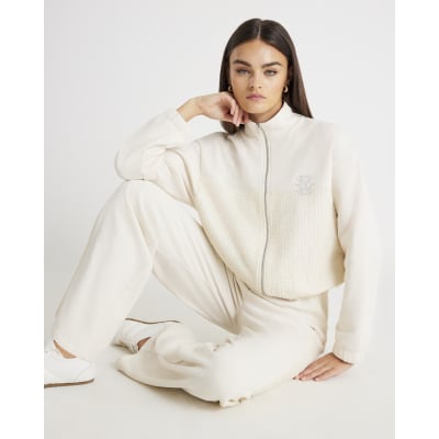 Cream Long Sleeve Boucle Mix Zip Up Jacket