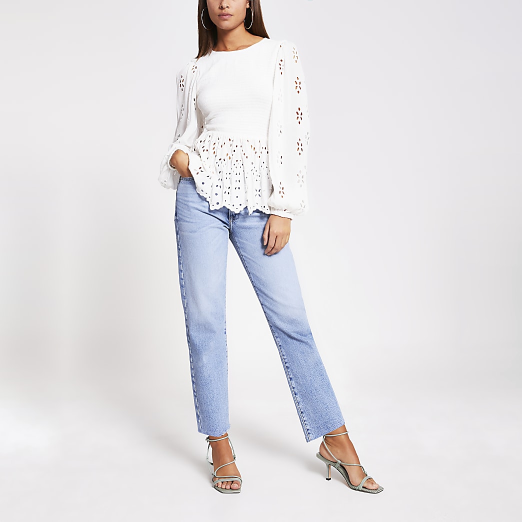 Cream long sleeve broderie shirred top | River Island