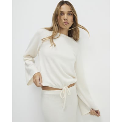 Cream Long Sleeve Bubble Hem Ribbed Top