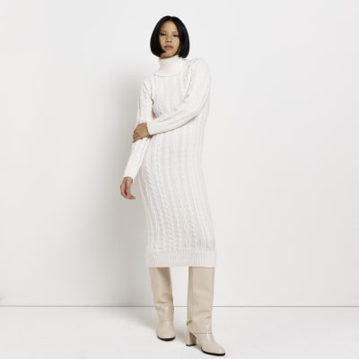 Cream long sleeve cable maxi jumper dress | River Island