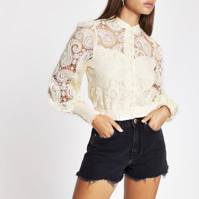 Cream Long Sleeve Crochet Crop Top River Island 