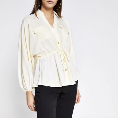 Cream long sleeve drawstring waist shirt River Island