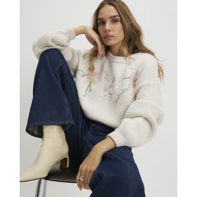 Cream Long Sleeve Embroidered Flower Jumper