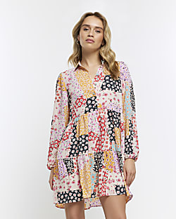 Cream long sleeve floral mini shirt dress