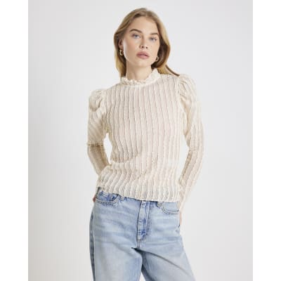Cream Long Sleeve High Neck Puff Sleeve Top