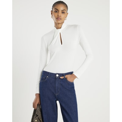 Cream Long Sleeve High Neck Twist Top