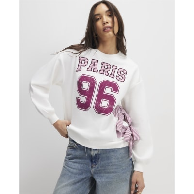 Cream Long Sleeve Paris Bow Sweatshirt