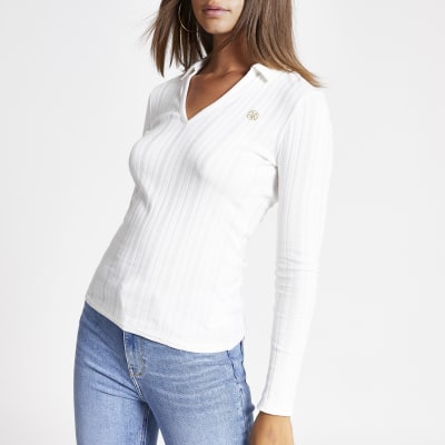 Cream long sleeve ribbed collar fitted top River Island