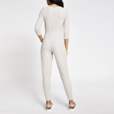 Cream long sleeve ribbed jumpsuit