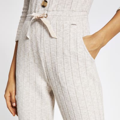 Cream long sleeve ribbed jumpsuit