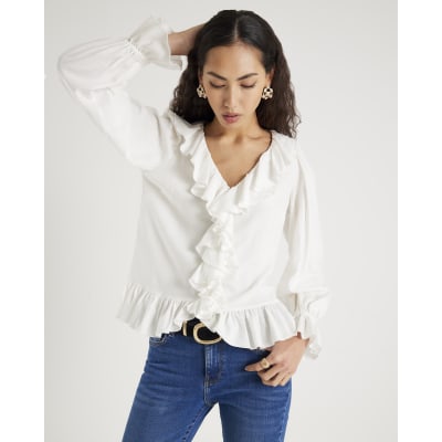 Cream Long Sleeve Ruffle Blouse