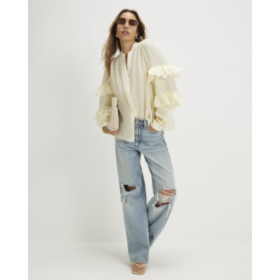 Cream Long Sleeve Ruffle Blouse