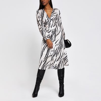 Cream long sleeve shoulder pad midi dress | River Island