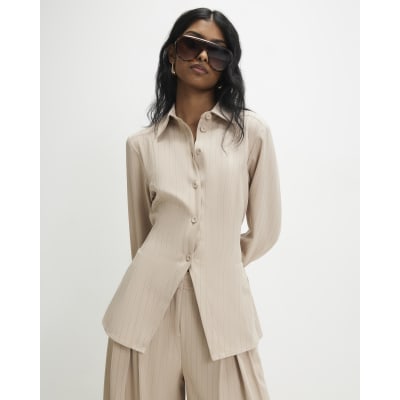 Cream Long Sleeve Striped Tie Back Shirt