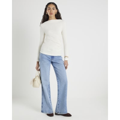 Cream Long Sleeve Waffle Textured Drape Top