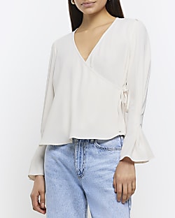 Cream long sleeve wrap blouse