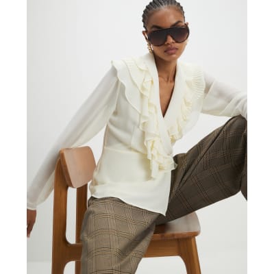 Cream Long Sleeve Wrap Ruffle Blouse