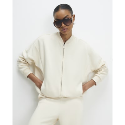 Cream Long Sleeve Zip Up Bomber Sweatshirt