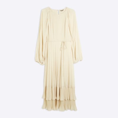 Cream Long Sleeved Pleated Midi Dress | River Island