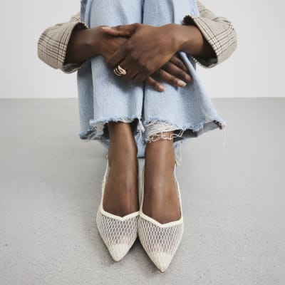 Cream Mesh Court Heeled Shoes