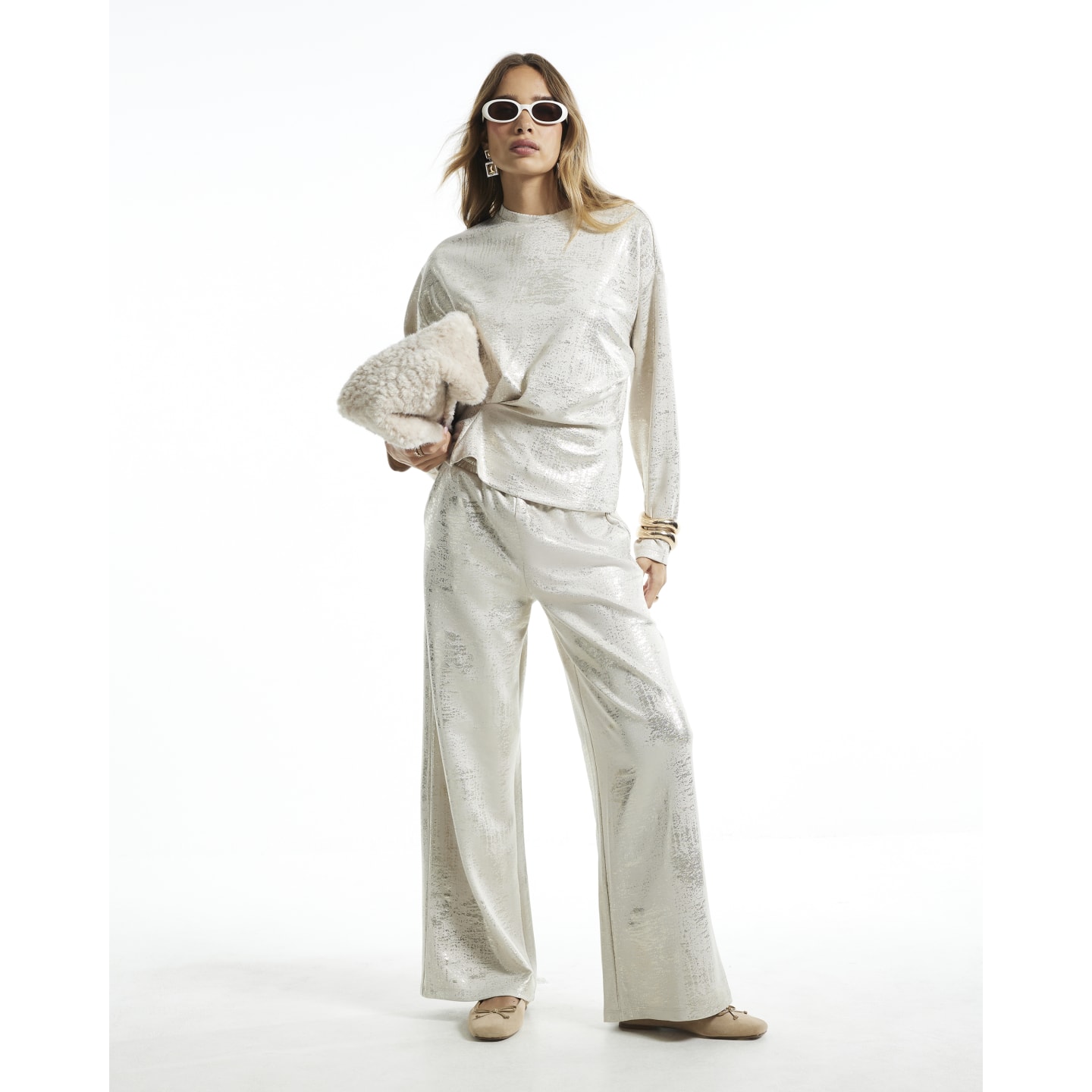 River Island Cream Metallic High Waisted Wide Leg Joggers — photo 1 of 1