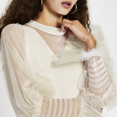 Cream metallic long sleeve ruffle top River Island