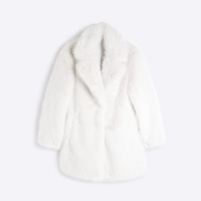 Cream mid length faux fur coat River Island