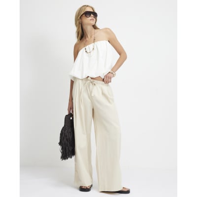 Mid Rise Tie Waist Wide Leg Trousers