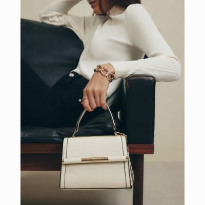 Cream Mini Croc Print Cross Body Bag