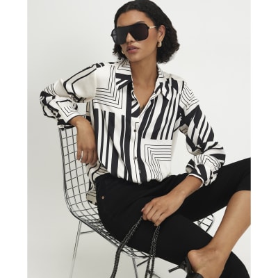 Monochrome Stripe Tuck Hem Blouse